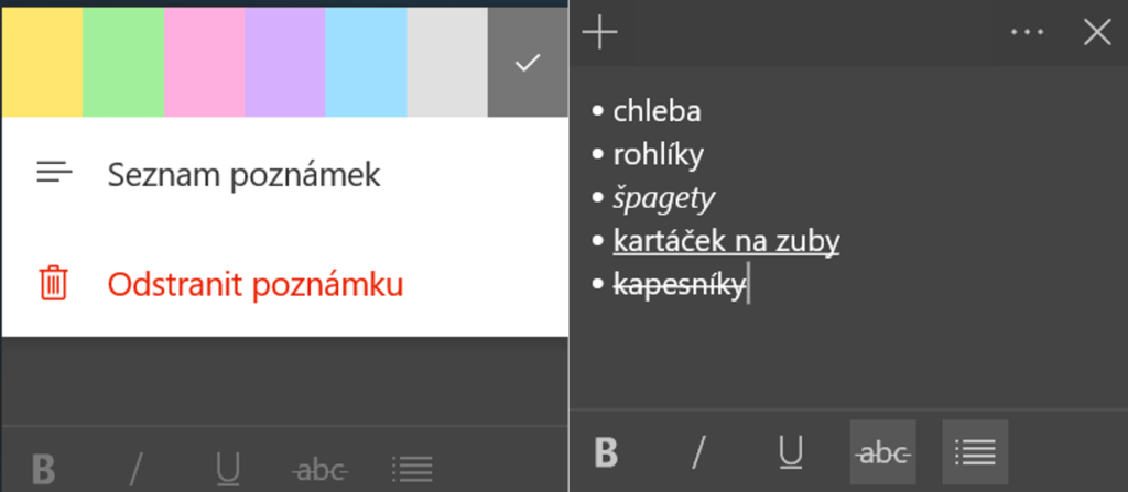 Na obrázku je snímek obrazovky s možnostmi formátování rychlých poznámek.