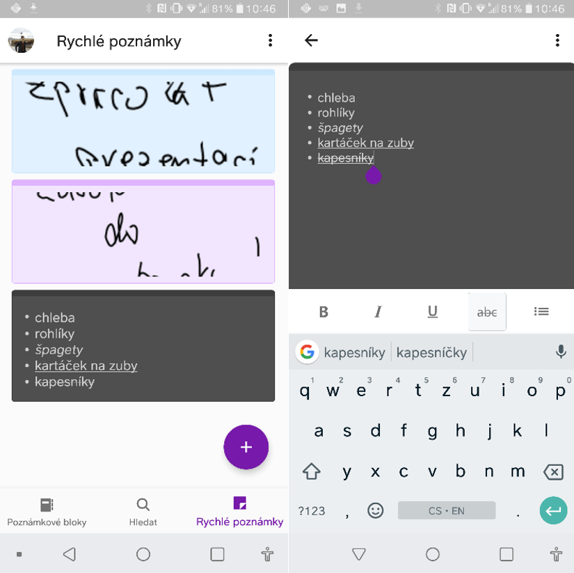 Na obrázku je snímek obrazovky telefonu se systémem Android, na kterém jsou rychlé poznámky v aplikaci OneNote.