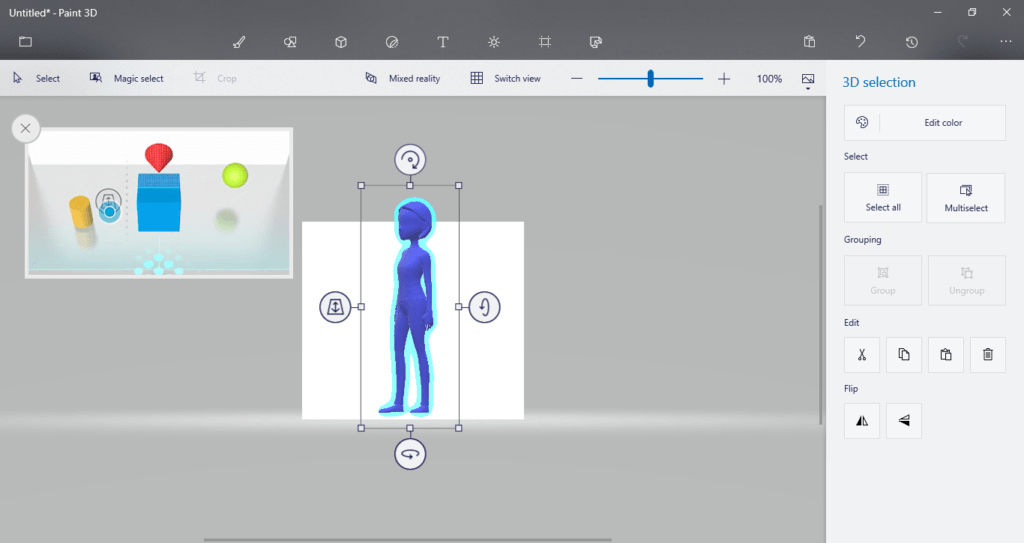 Na obrázku je snímek obrazovky aplikace Malování 3D s vloženým modelem postavy.