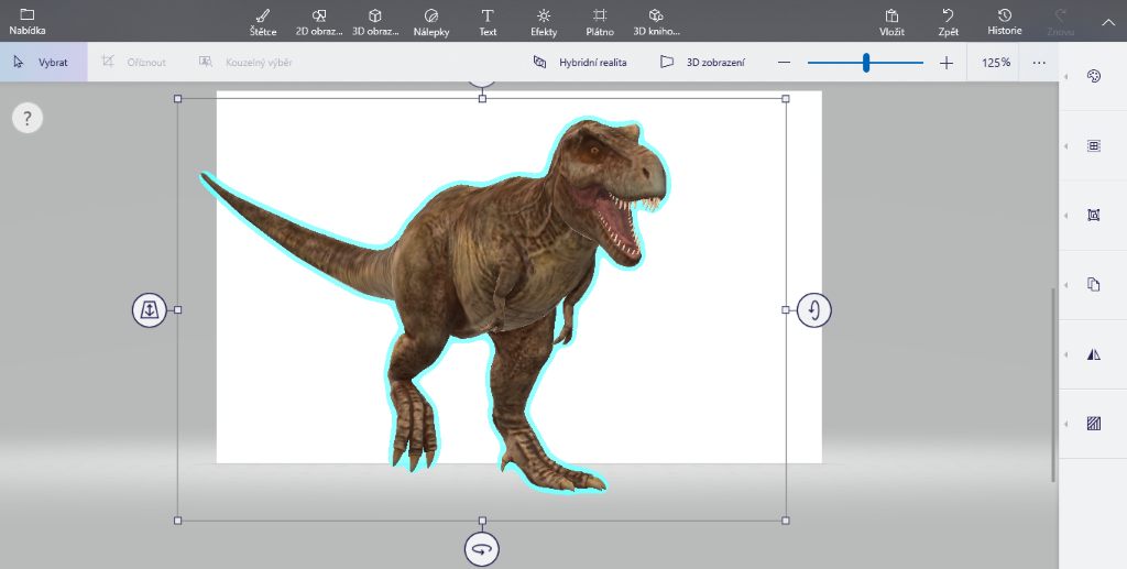 Na obrázku je snímek obrazovky aplikace Malování 3D s vloženým modelem dinosaura.