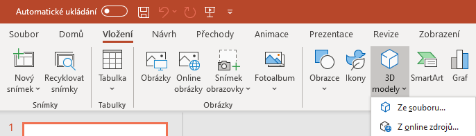 Na obrázku je snímek obrazovky aplikace PowerPoint s možností vložení 3D modelu na kartě Vložení.