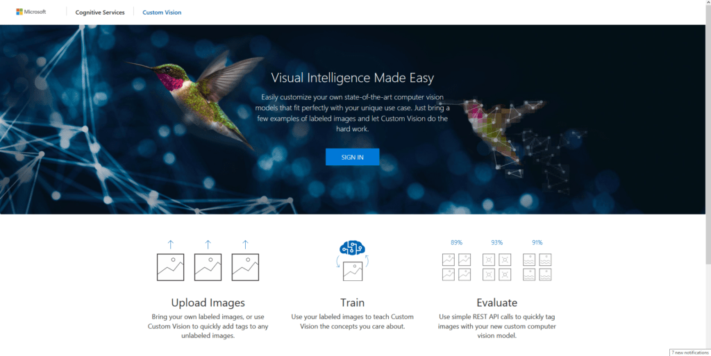Úvodní stránka custom vision service. Ukazuje možnosti služby. Vkládání obrázků, trénování umělé inteligence a vyhodnocování snímků vstupních.