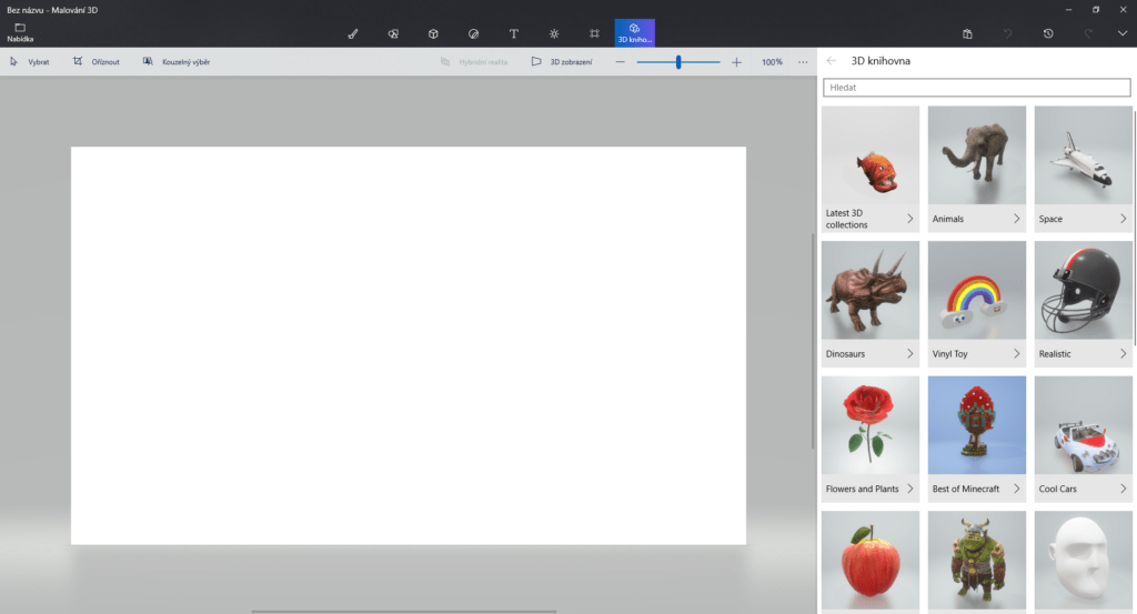 Na obrázku je snímek obrazovky aplikace Malování 3D s otevřenou knihovnou 3D modelů.