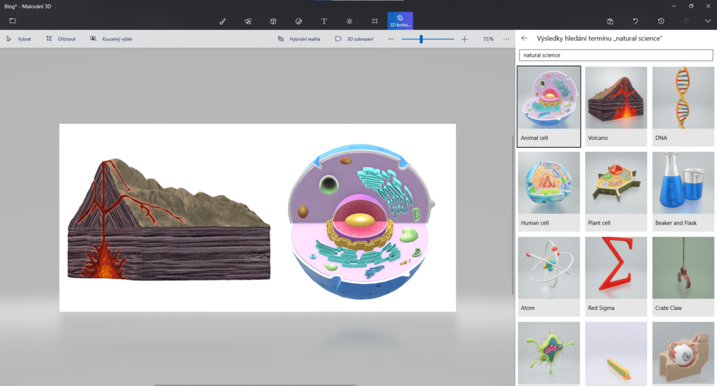 Na obrázku je snímek obrazovky aplikace Malování 3D s importem modelu z 3D knihovny.