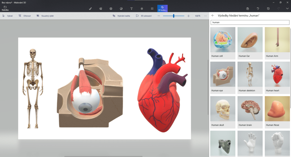 Na obrázku je snímek obrazovky aplikace Malování 3D s vloženým modelem srdce.