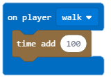 Blok kódu ze hry Minecraft Education Edition s příkazem "on player walk time add 100"