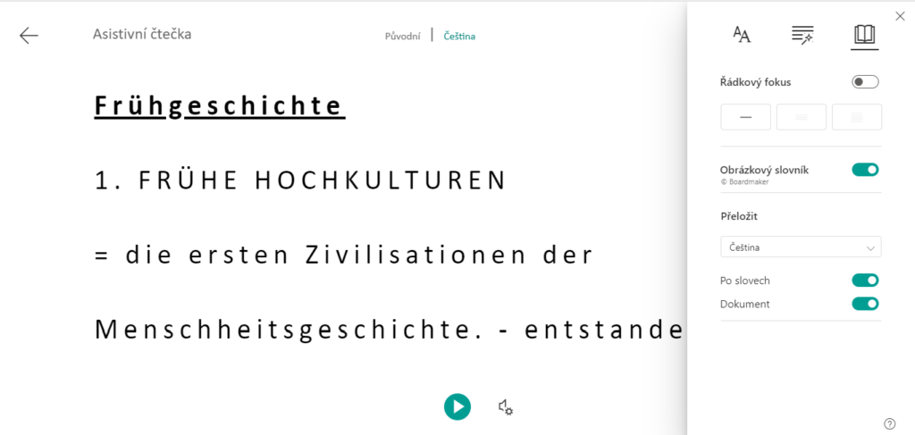Snímek obrazovky ukazující asistivní čtečku v aplikaci Word.