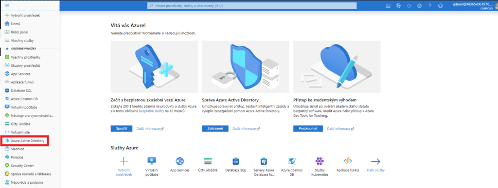 Hlavní stránka portálu Azure, poukazujicí na možnost Azure Active Directory v boční nabídce