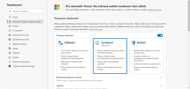 Na obrázku je snímek obrazovky, na kterém je obrazovka Nastavení prohlížeče Microsoft Edge.
