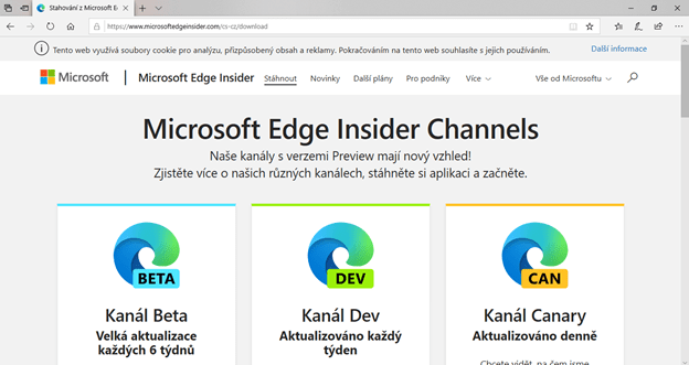 Na obrázku je snímek obrazovky, na kterém je web Microsoft Edge Insider.