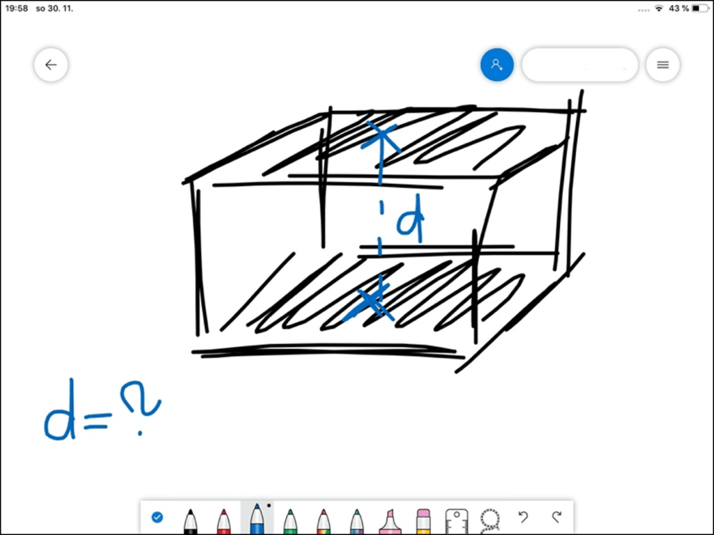 Na obrázku je snímek obrazovky s aplikací Whiteboard, ve které je načrtnutý kvádr.