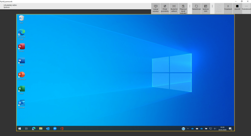 Na obrázku je snímek aplikace Rychlý pomocník ve Windows 10, která zobrazuje rozhraní aplikace po připojení ke vzdálenému počítači včetně popisu všech funkcí.