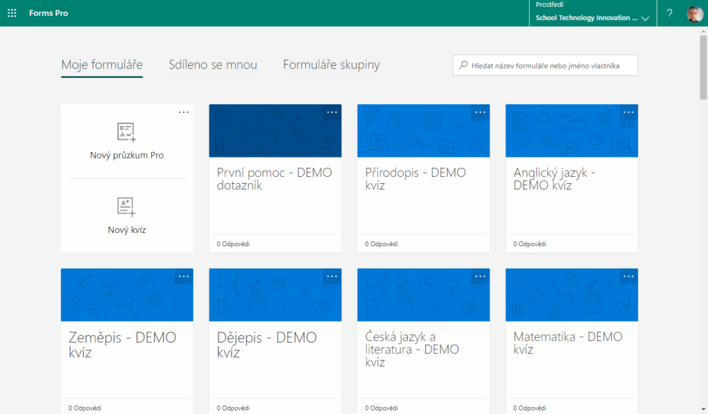 Na obrázku je snímek webu, který je úvodní stránkou aplikace Microsoft Forms.