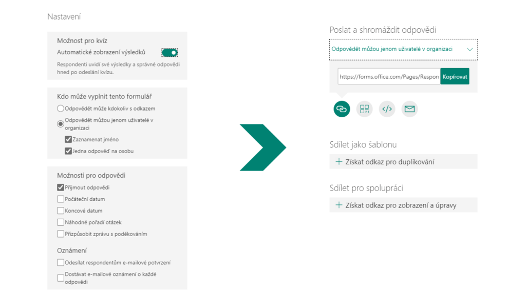 Na obrázku je snímek nástroje Nastavení a nástroje Sdílení aplikace Microsoft Forms.