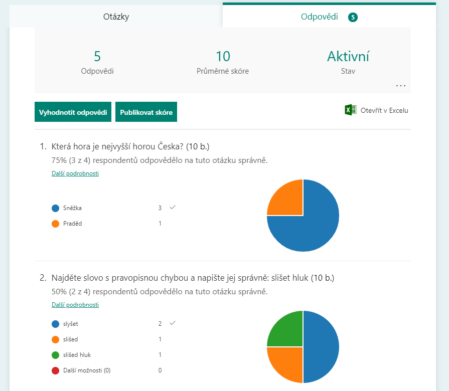 Na obrázku je snímek se záložkou Odpovědi v aplikaci Microsoft Forms.