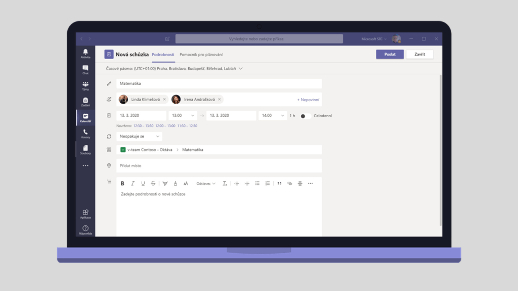 Na obrázku je snímek obrazovky s plánováním online schůzky v aplikaci Microsoft Teams.