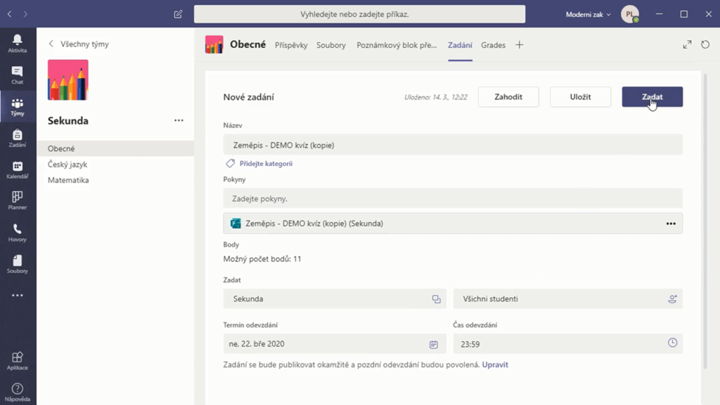 Na obrázku je snímek se zadáním kvízu vytvořeného prostřednictvím Microsoft Forms v aplikaci Microsoft Teams.