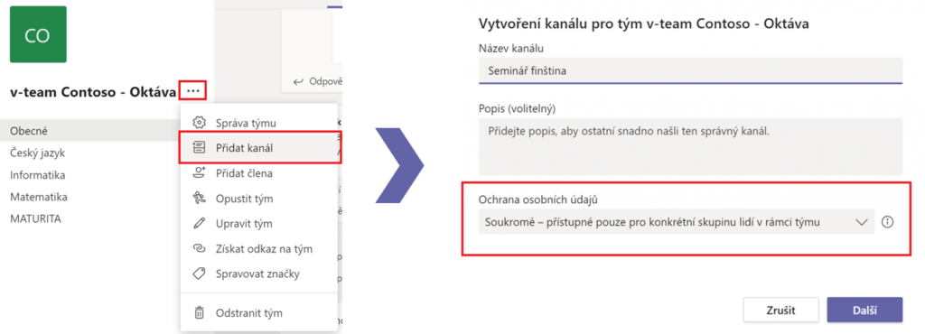 Na obrázku je snímek, jak přidat nový soukromý kanál v aplikaci Microsoft Teams.