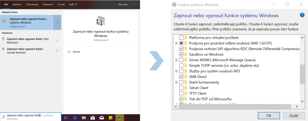 Na obrázku je snímek obrazovky aplikace Start a okna Funkce systému Windows, odkud lze Sandbox ve Windows zapnout.
