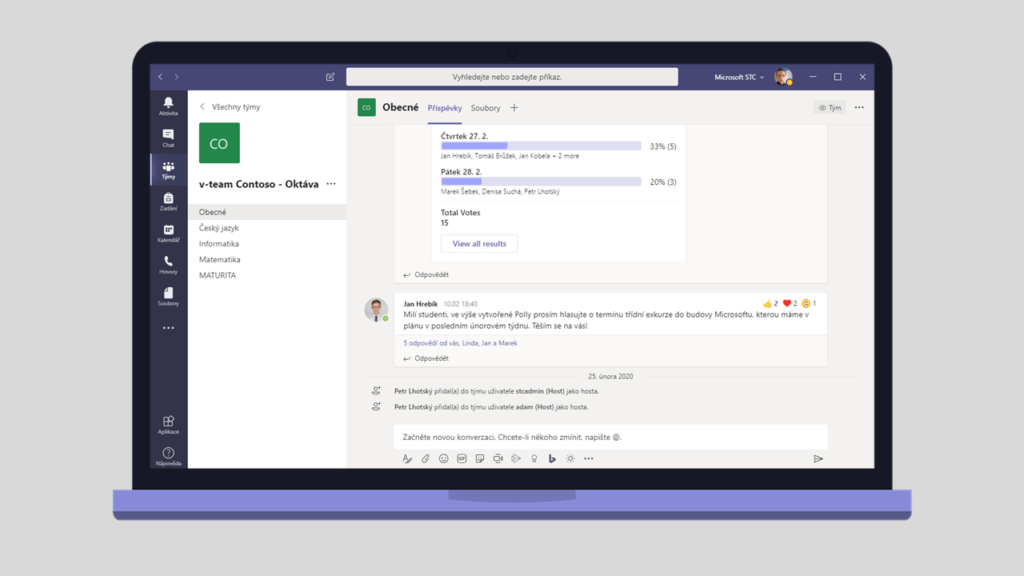 Na obrázku je ukázka konverzace v týmu v aplikaci Microsoft Teams.