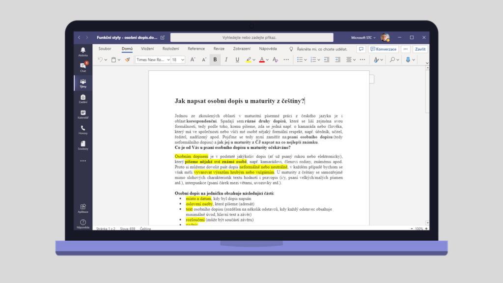 Na obrázku je ukázka spolupráce na dokumentu v aplikaci Microsoft Teams.