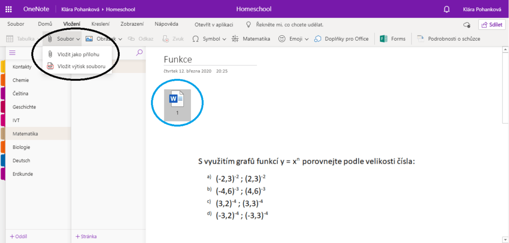 Snímek obrazovky ukazující, jak vložit soubor do aplikace OneNote.