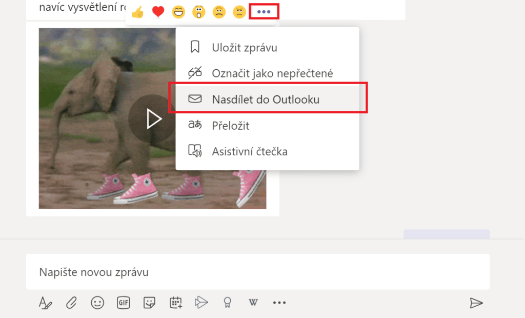 Na obrázku je snímek, jak přejít z chatu v Microsoft Teams do konverzace v aplikaci Outlook.