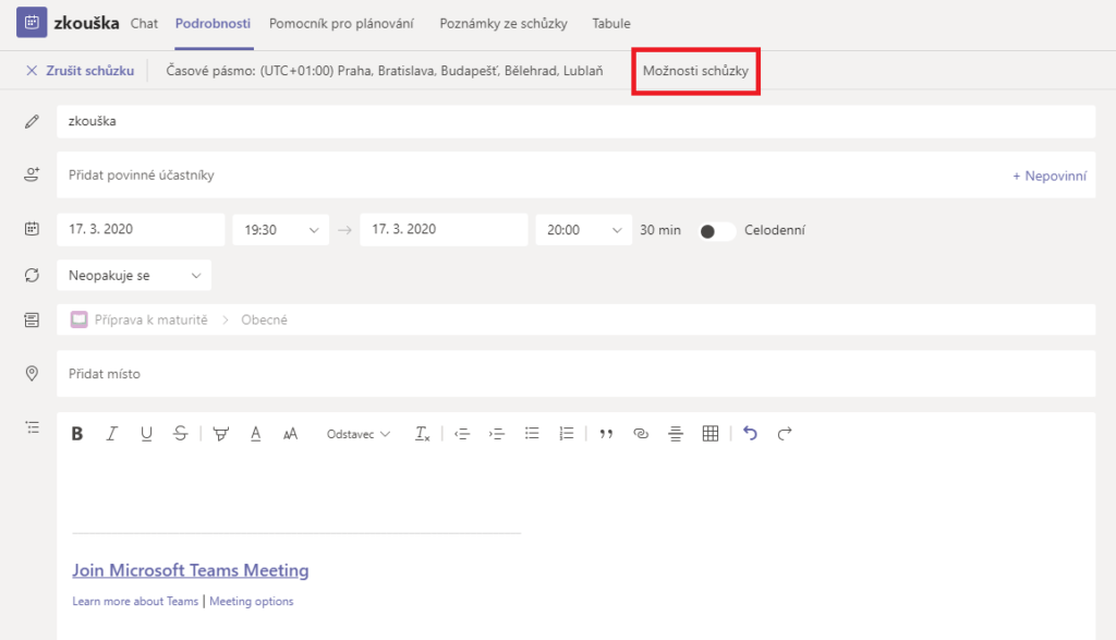 Na obrázku je snímek, jak přejít do nabídky Možnosti schůzky v aplikaci Microsoft Teams.