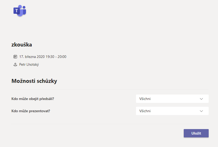 Na obrázku je snímek, jak nastavit práva členům schůzky v aplikaci Microsoft Teams.