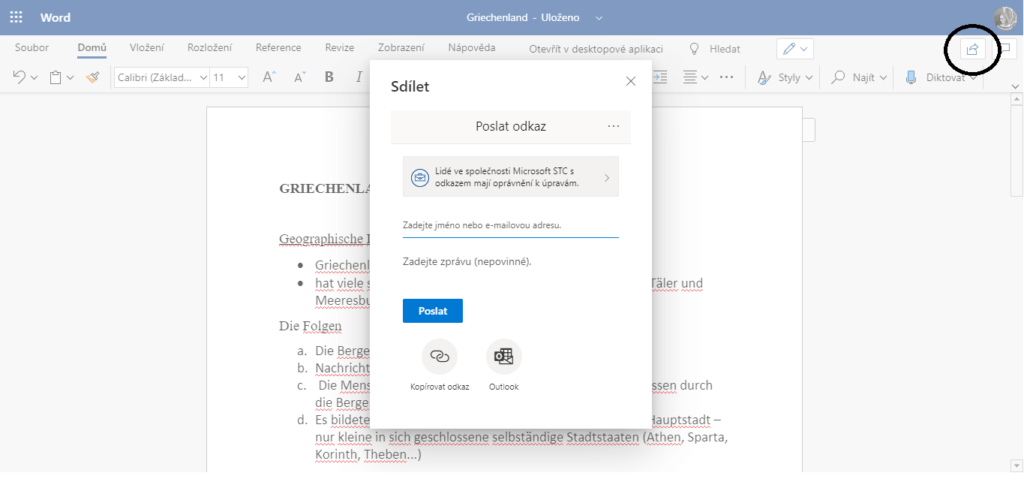 Snímek obrazovky ukazující, jak sdílet soubor konkrétním lidem v aplikacích sady Office.