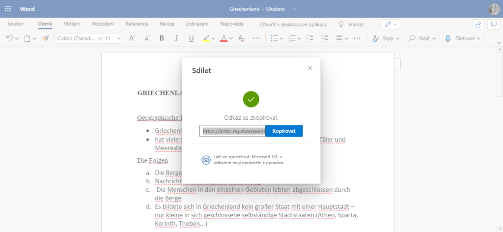 Snímek obrazovky ukazující, jak sdílet dokument za pomoci odkazu v aplikacích sady Office.