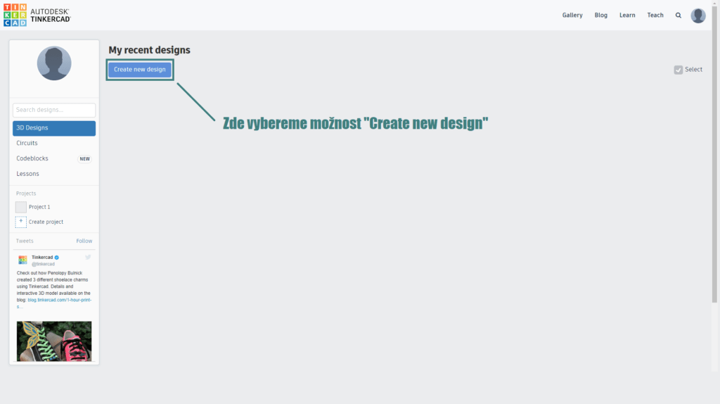 Ukázka, kde vytvořit nový projekt