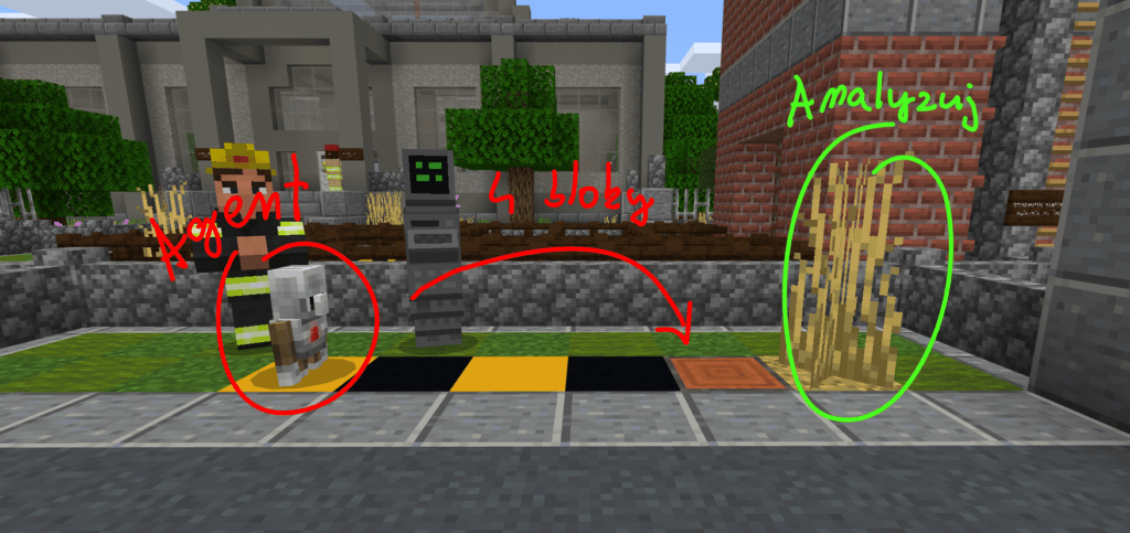 Screenshot z mapy Hodina kódu ze hry Minecraft: Education Edition. Na obrázku je popsán úkol s agentem. Agent má jít o 4 místa vpřed a analyzovat rostlinu.