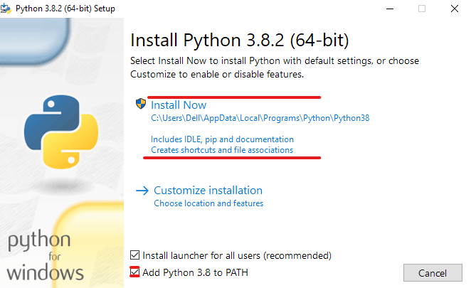 Zaškrtnutí políčka "Add Python 3.8. to PATH"
