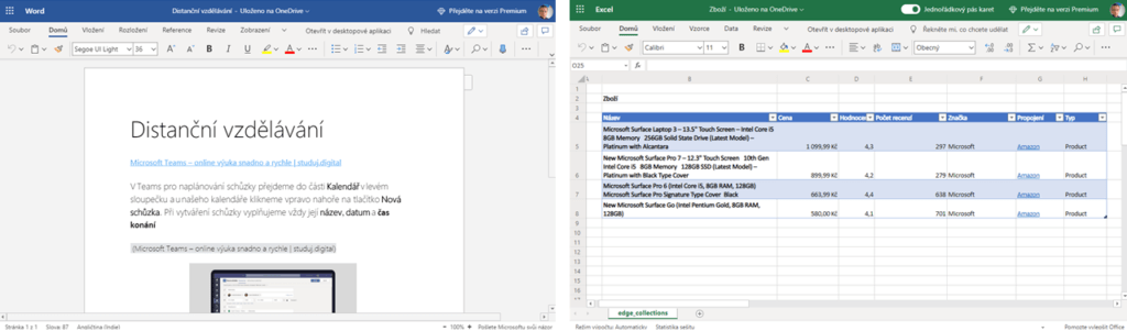 Na obrázku jsou snímky obrazovek s vyexportovanými soubory aplikace Word a Excel z kolekcí v prohlížeči Microsoft Edge.