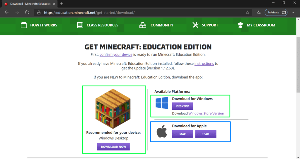 Stahování hry z oficiálních stránek Minecraft: Education Edition