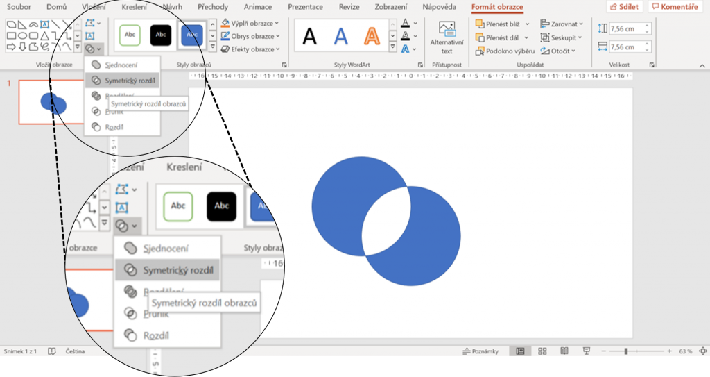 Na obrázku je ukázka použití sloučení obrazců v aplikaci PowerPoint.