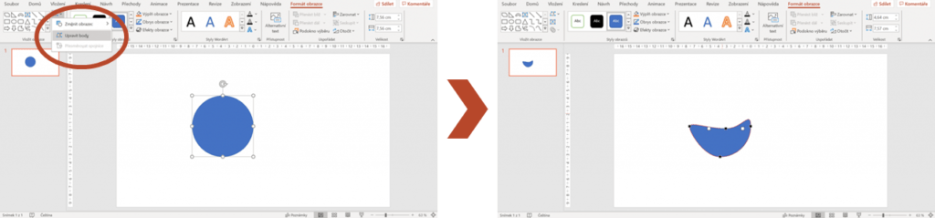 Na obrázku je ukázka použití upravení obrazců v aplikaci PowerPoint.