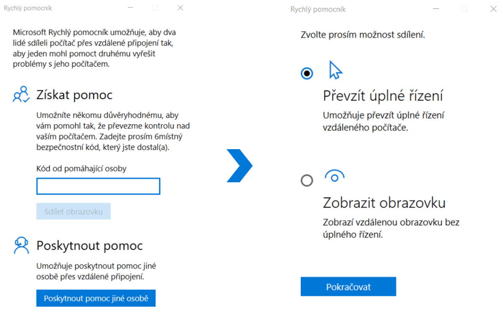 Na obrázku je snímek aplikace Rychlý pomocník ve Windows 10, která zobrazuje dvě volby, Získat pomoc a Poskytnout pomoc, a následně dvě možnosti sdílení.
