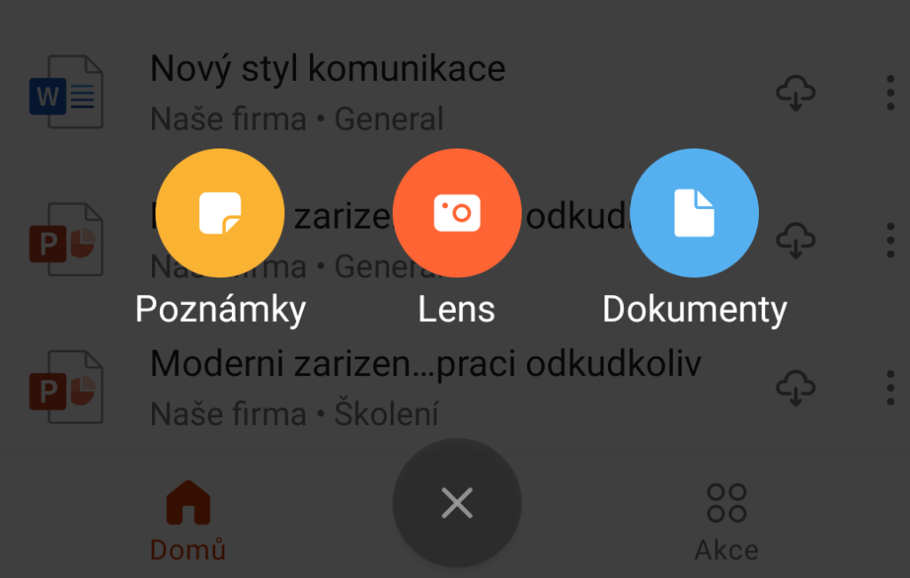 Na obrázku jsou tlačítka Poznámky, Lens a Dokumenty.