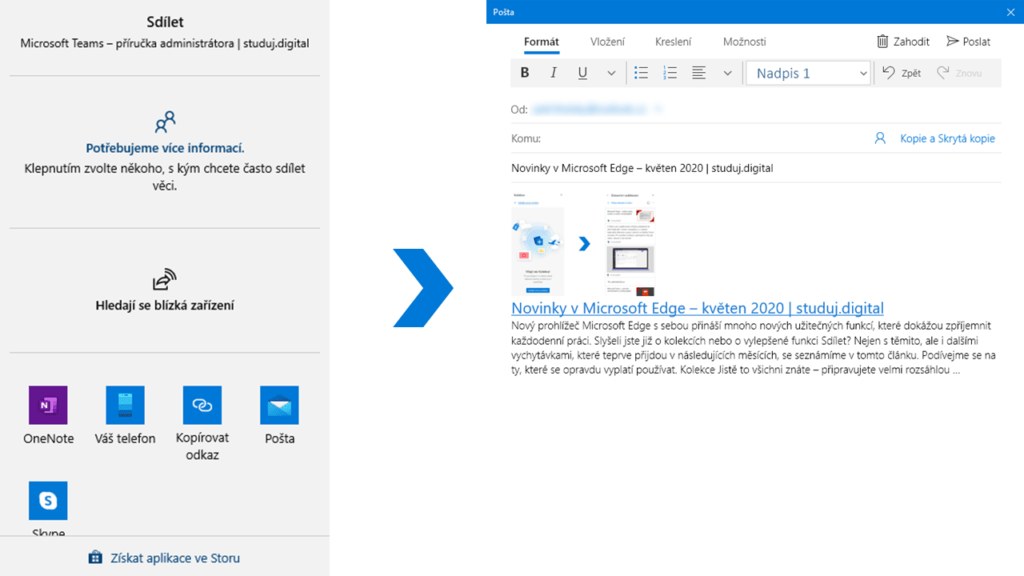 Na obrázku je snímek obrazovky s nabídkou Sdílet v prohlížeči Microsoft Edge.