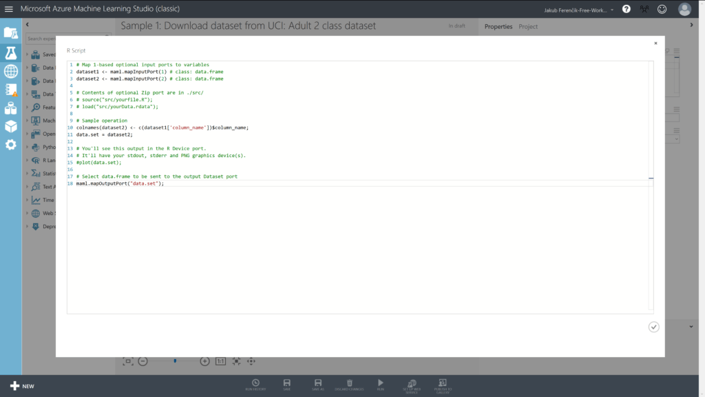 Screenshot z Azure Machine Learning Studia s R skriptem.