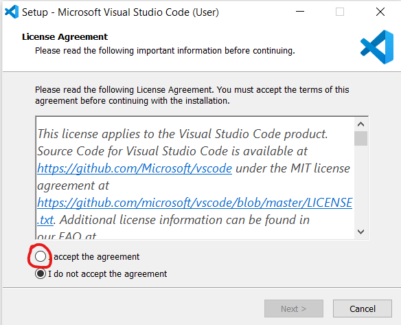 Okno instalačního souboru VS Code
