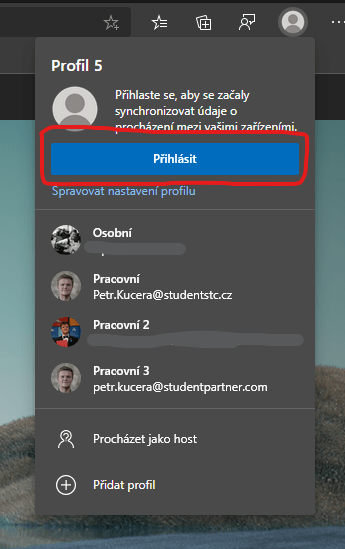 Na obrázku je snímek obrazovky s nabídkou Profily v prohlížeči Microsoft Edge.