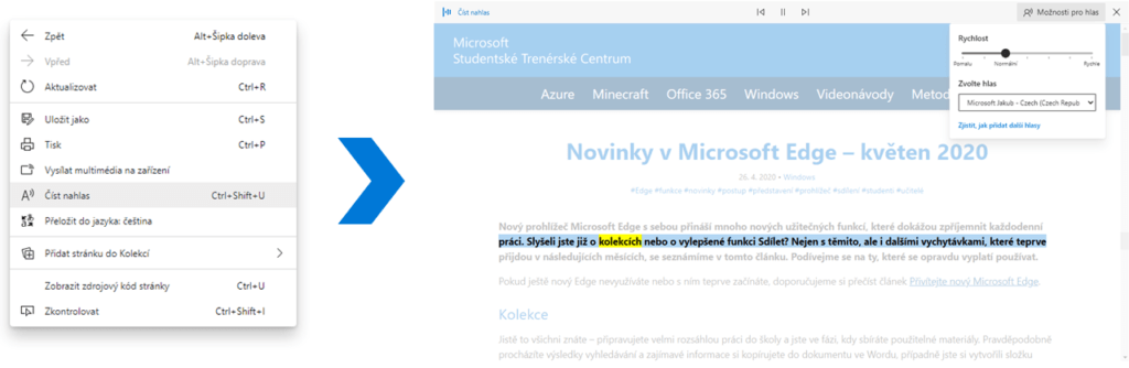 Na obrázku je snímek obrazovky se čtením nahlas v prohlížeči Microsoft Edge.