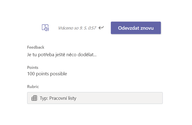 Na obrázku je snímek tlačítka Odevzdat znovu, pomocí kterého může student znovu odeslat ním vypracované Zadání v Microsoft Teams učiteli.