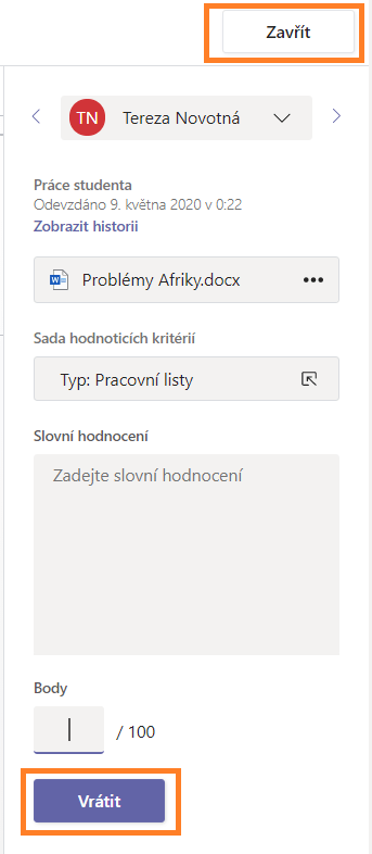 Na obrázku je snímek obrazovky s možnostmi hodnocení úkolu, pomocí kterých lze nastavit jednu ze známek sady hodnotících kritérií nebo přidat slovní hodnocení u Zadání v Microsoft Teams.