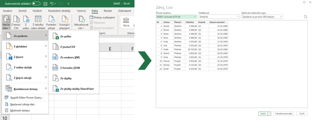 Na obrázku je snímek aplikace Excel s otevřenou nabídkou Načíst data a postup, jak načíst externí tabulku.