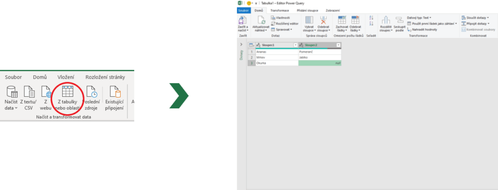 Na obrázku je snímek aplikace Excel s postupem, jak načíst data z tabulky nebo oblasti a upravit je pomocí Editoru Power Query.