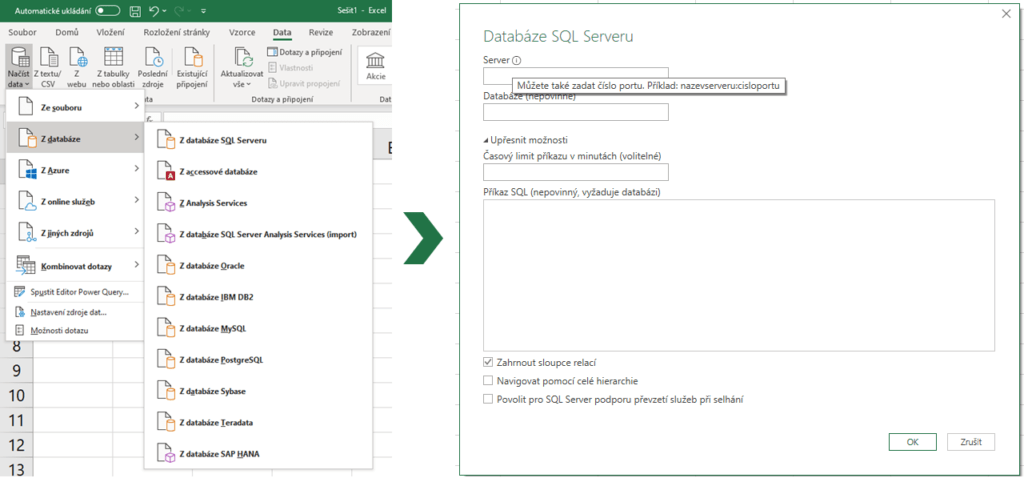 Na obrázku je snímek aplikace Excel s postupem, jak načíst tabulky v databáze SQL nebo z Azure.